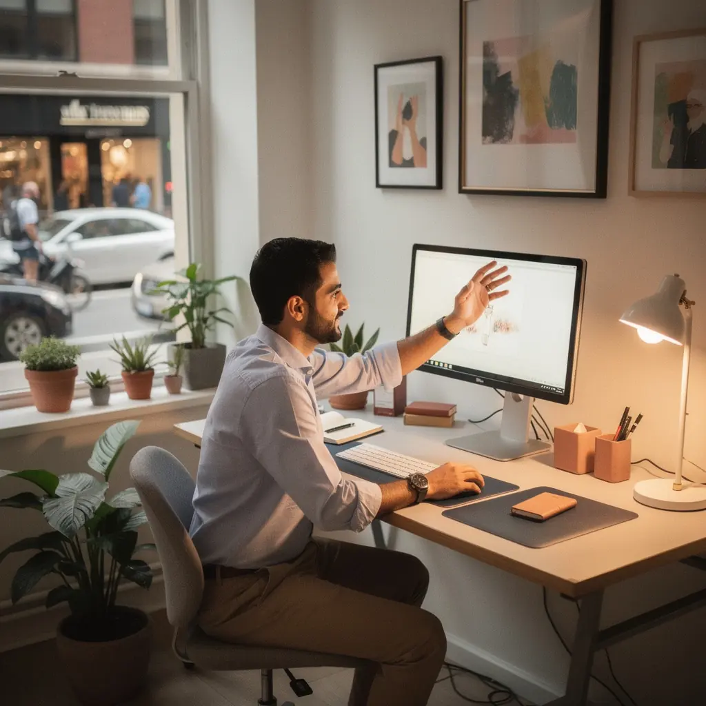 Biurko z ergonomicznym krzesłem, otoczone kolorowymi akcentami zgodnymi z marką.