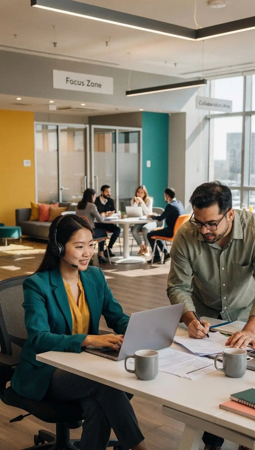 Przestrzeń robocza z minimalistycznym designem, podkreślona naturalnym światłem.