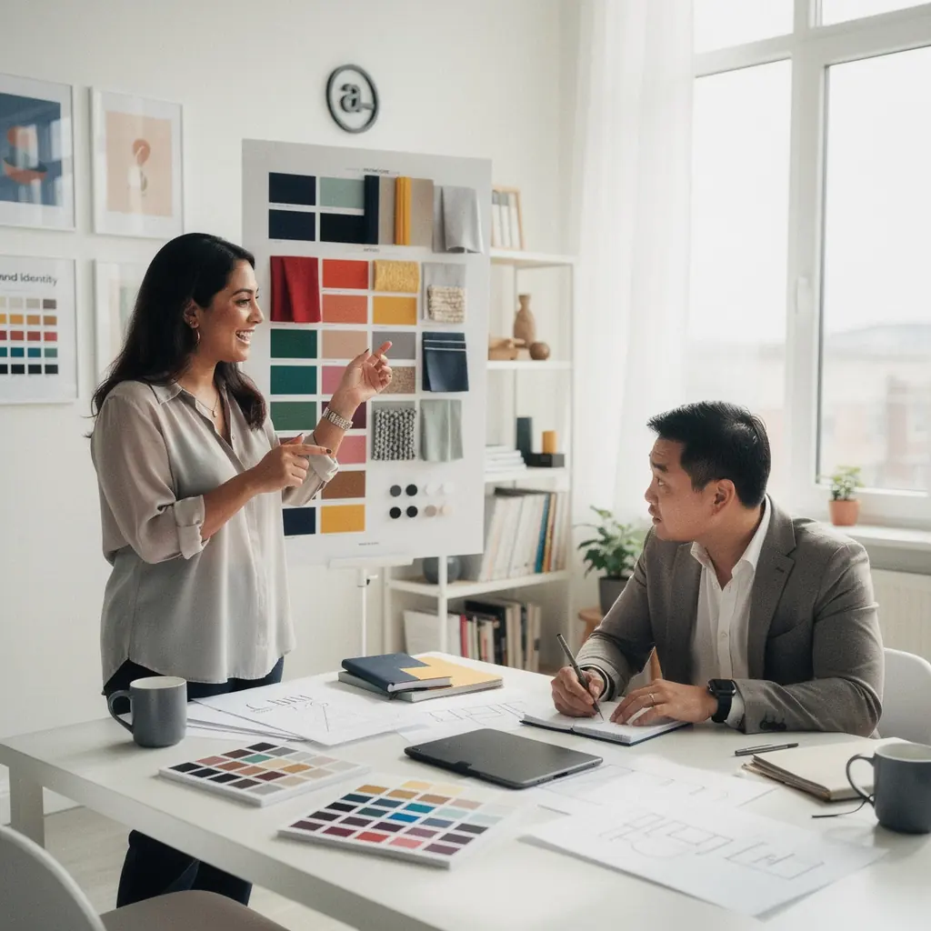 Szyld informacyjny umieszczony obok wejścia do nowoczesnego biura.