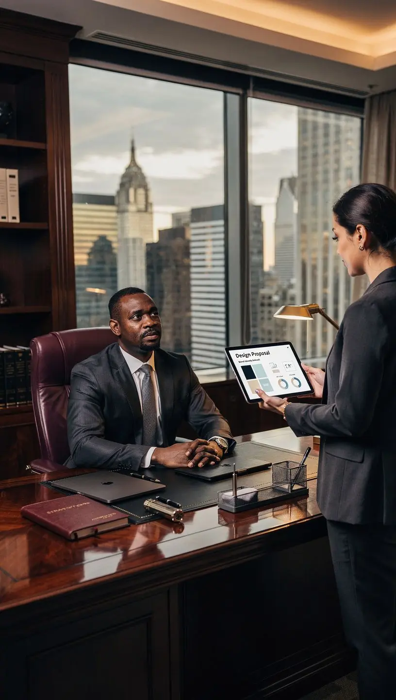 Przykład zastosowania różnych materiałów w aranżacji biura, harmonizujących z identyfikacją wizualną.