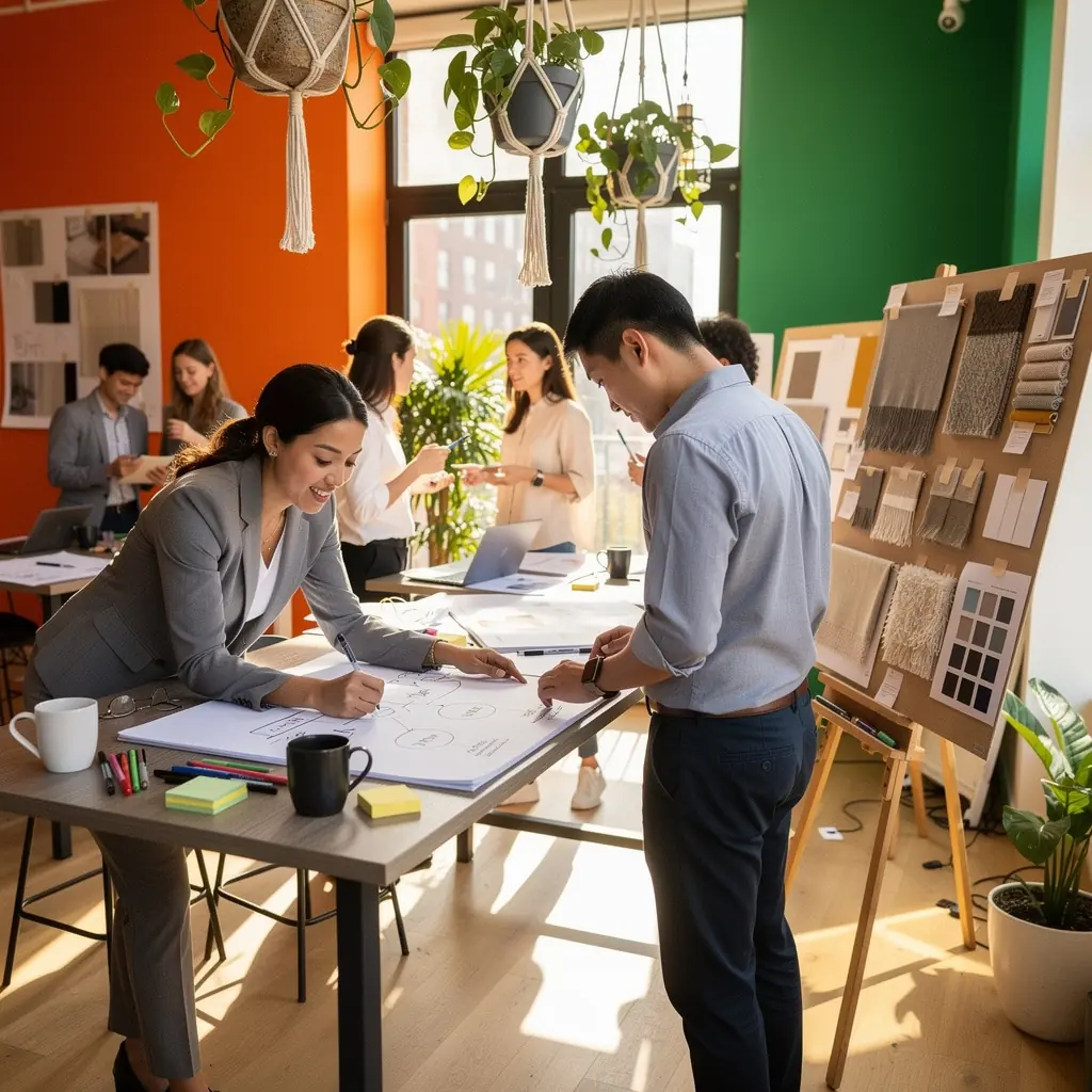 Biuro z przestrzenią do współpracy, wyposażone w kolorowe akcenty i rośliny.