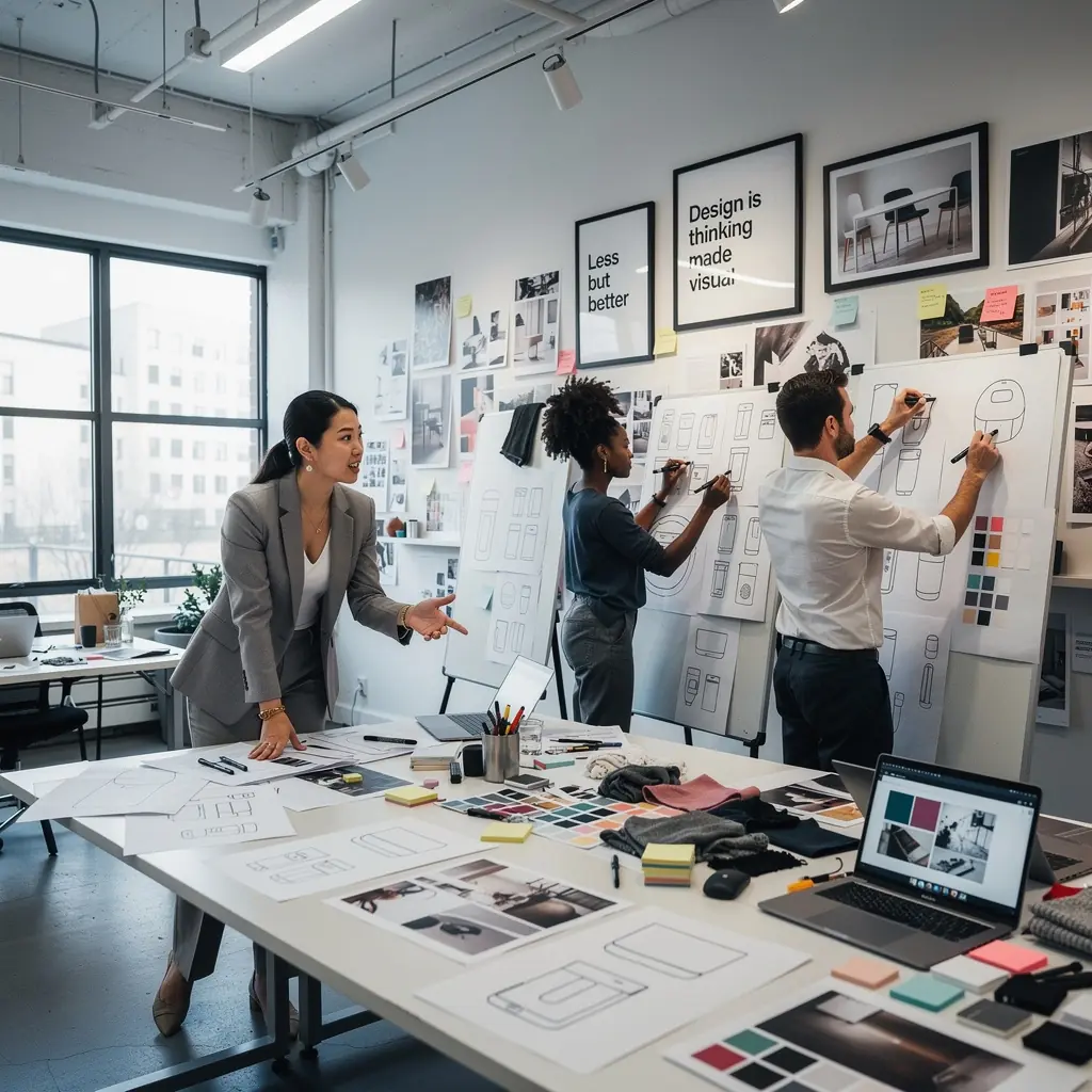 Nowoczesne biuro z eleganckim wystrojem, w odcieniach niebieskiego i szarości.